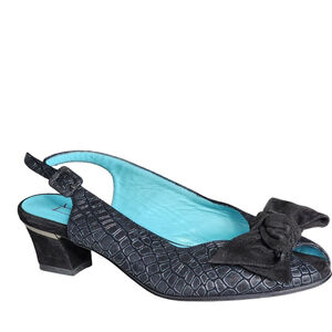 THIERRY RABOTIN NEW Black Croc Leather Peep Toe Slingback Sandals Bow 37.5 7